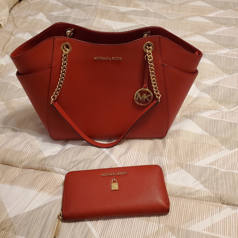 Michael Kors Red Tote Bag and Wallet Set